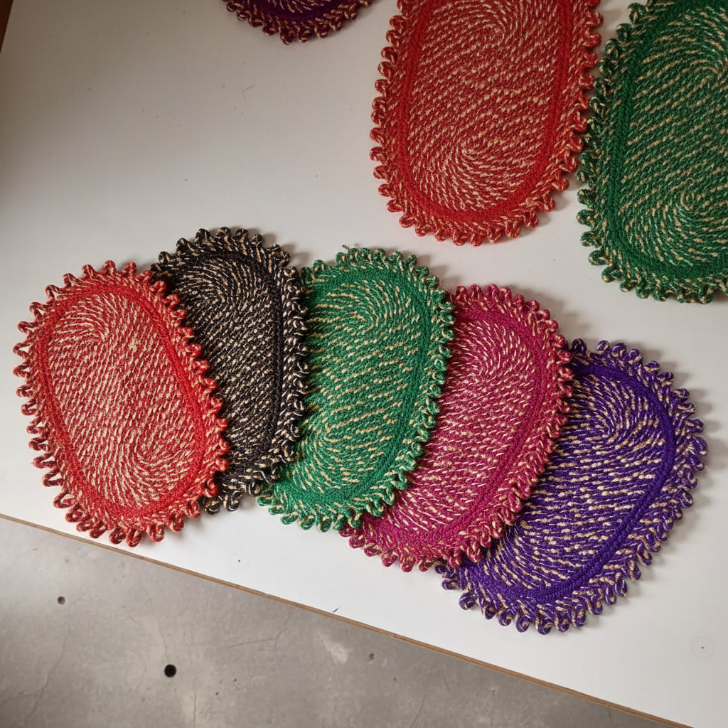Stack of colorful woven coasters on a white surface