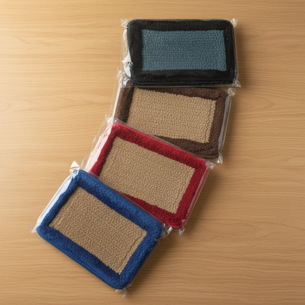 Four doormats in different colors (black, brown, red, blue) on a concrete floor.
