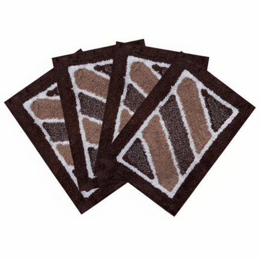 Set of four brown and beige patterned doormats on a white background