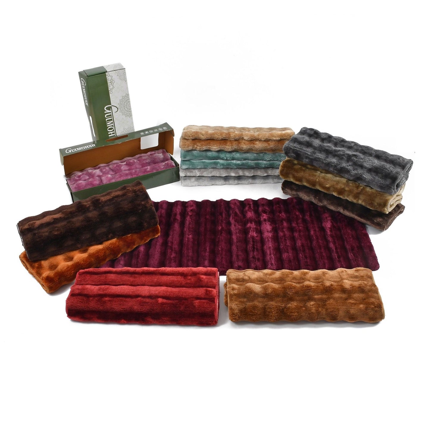 Collection of various textured fabric samples in different colors on a white background