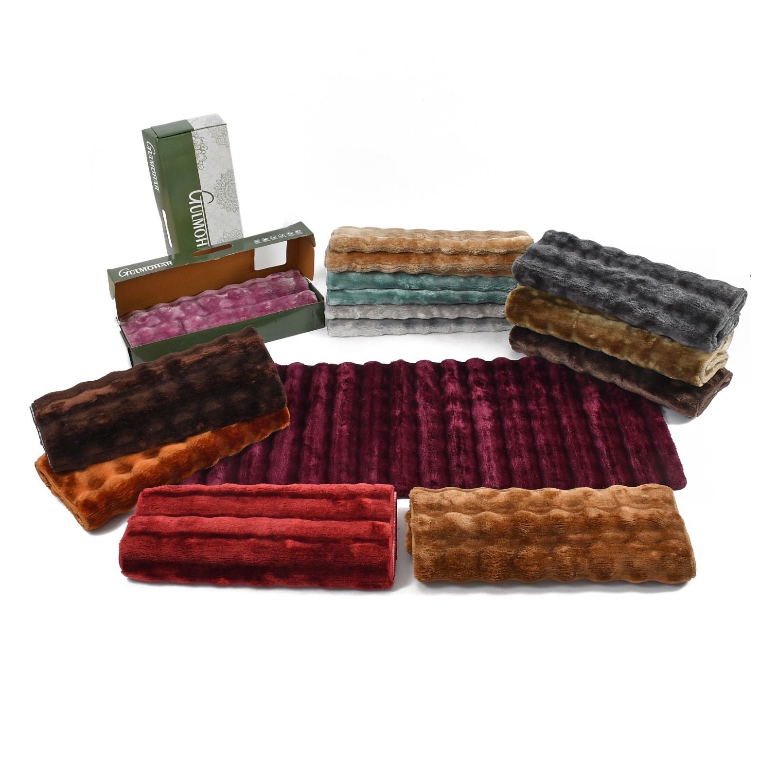 Collection of various textured fabric samples in different colors on a white background