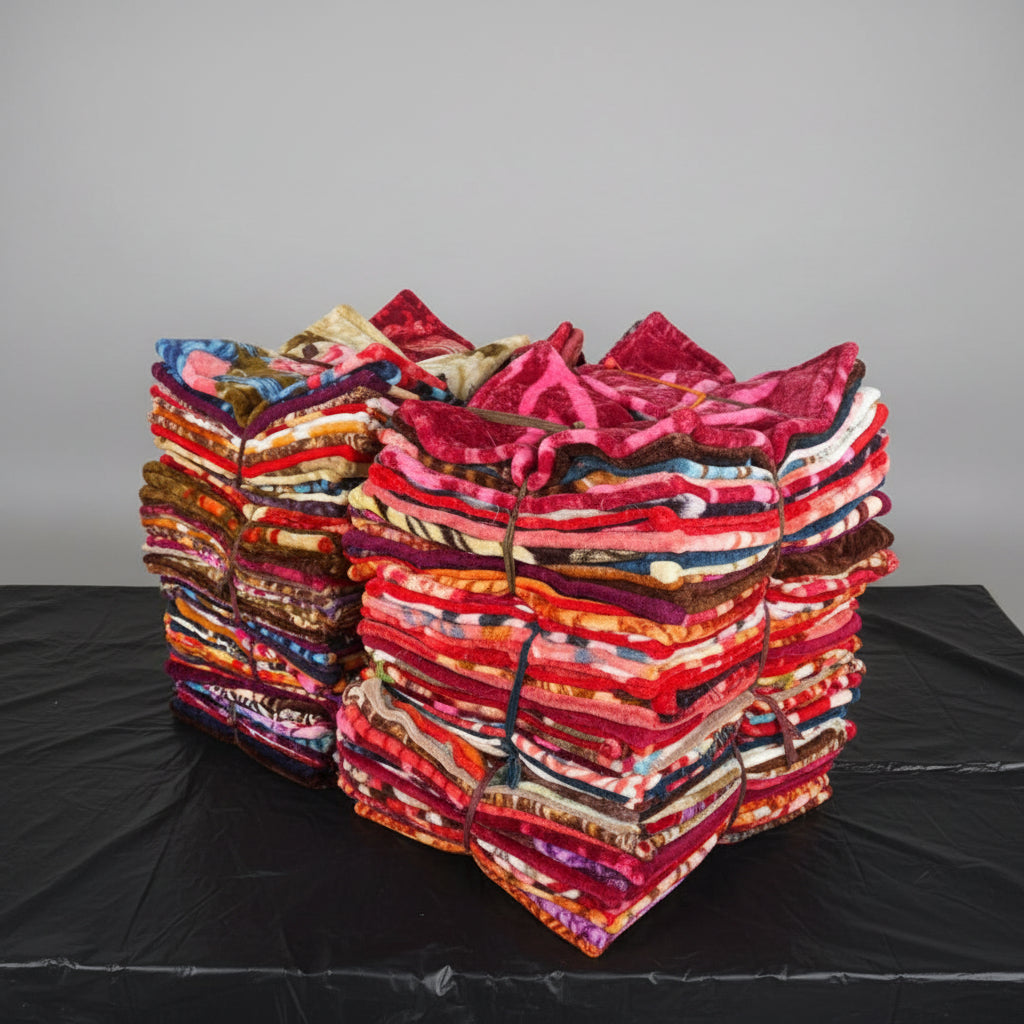 Stack of colorful fabric bundles on a street