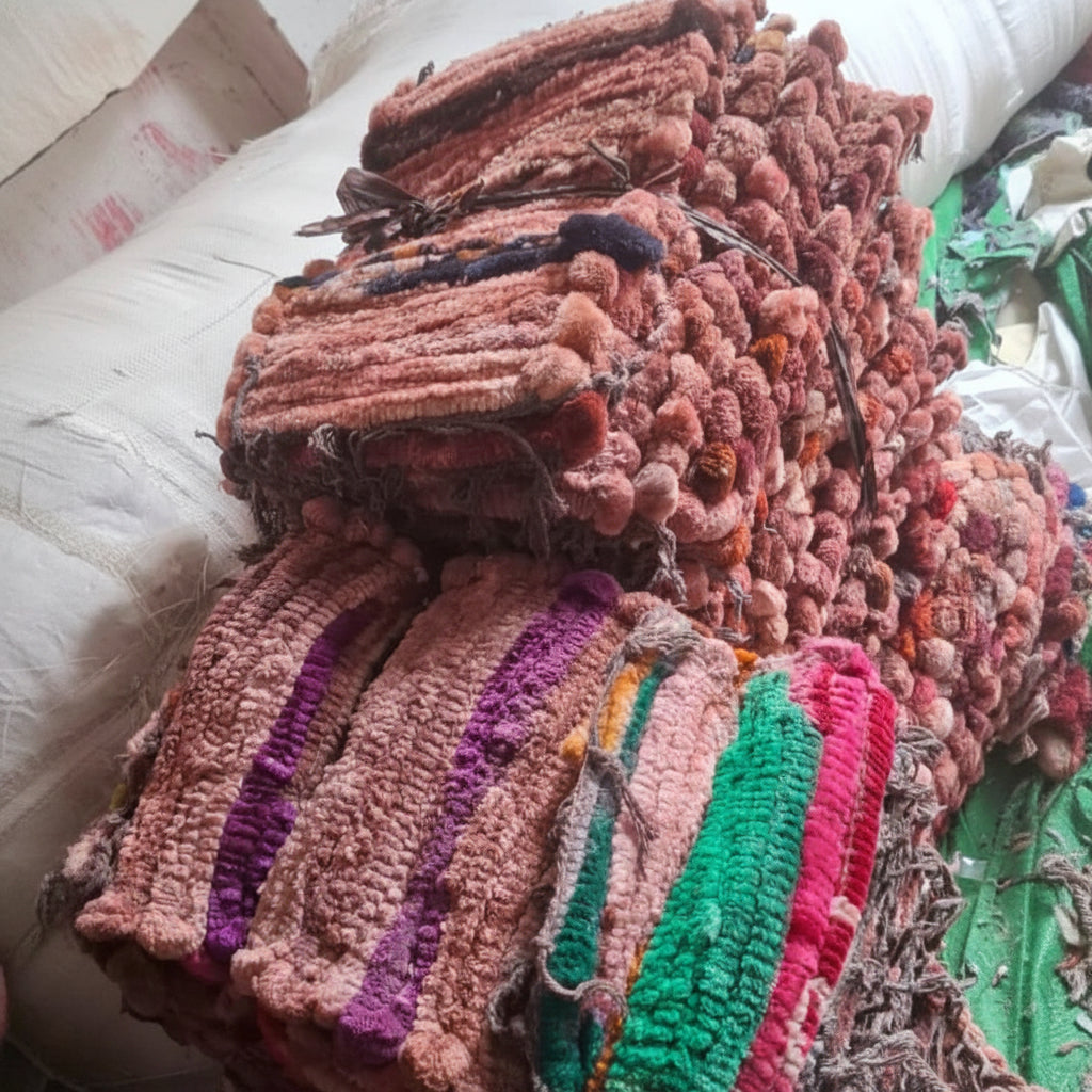 Stack of colorful knitted or crocheted fabric pieces in various shades.