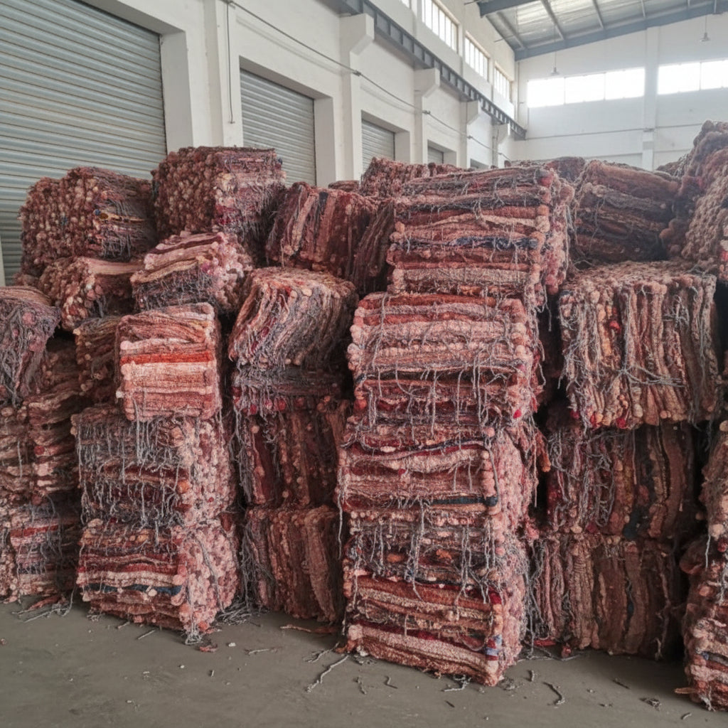 Stack of textured rugs with a mix of colors and patterns.