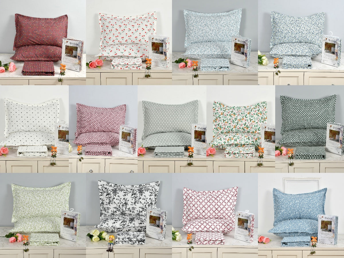 Collage of various pillowcases with different patterns on a neutral background.