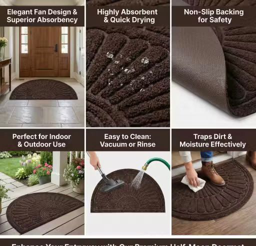 Regal Half Round Door Mat 45x75 CM | Super Soft Velour Mat with Heavy Anti-Skid Rubber Backing