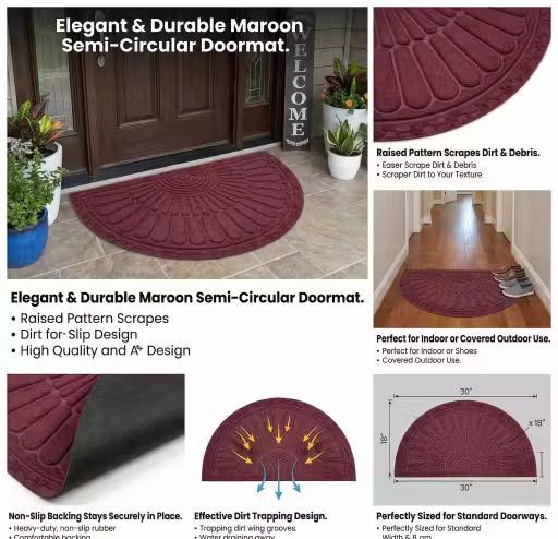 Regal Half Round Door Mat 45x75 CM | Super Soft Velour Mat with Heavy Anti-Skid Rubber Backing