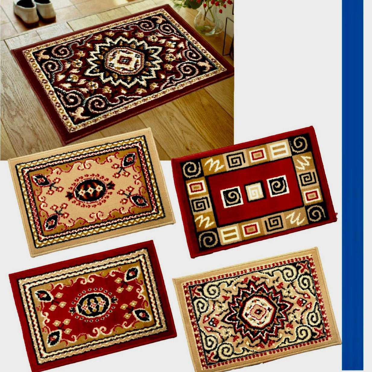 Set of decorative rugs with geometric patterns on a white background, featuring the brand 'B.C.F'.