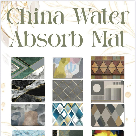 Collection of various design patterns on a white background with text 'China Water Absorb Mat'.