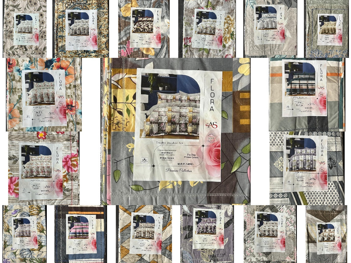 Collage of floral and patterned fabric swatches with visible brand name 'Flora'.