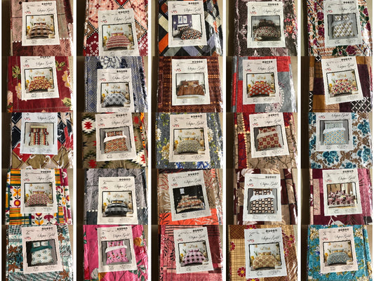 Collage of quilt patterns with various designs on a patchwork background